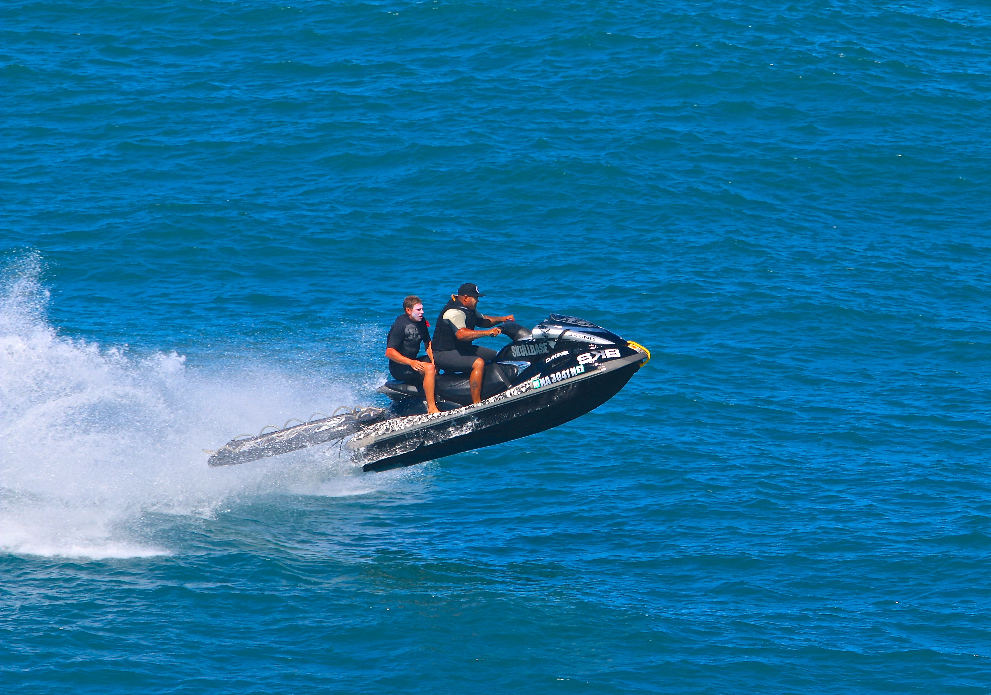 Skullbase water safety Shaun Walsh and Kurtis Chonkee on the move to rescue someone.