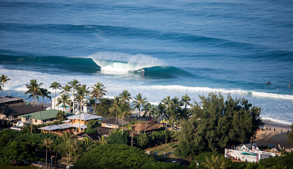 Captured this winter on Dec, 8th 2014. It was the Pipeline Trials and me and a few buddies hiked up behind Sunset Elementary to shoot some photos from the top of the hike. It was a great morning with perfect tubes and a rare sight with only a few surfers in the water. The sun just broke through the clouds and first light was hitting Pipe. Photo: <a href=\"https://instagram.com/dougfalterphotography/\"> Doug Falter</a>