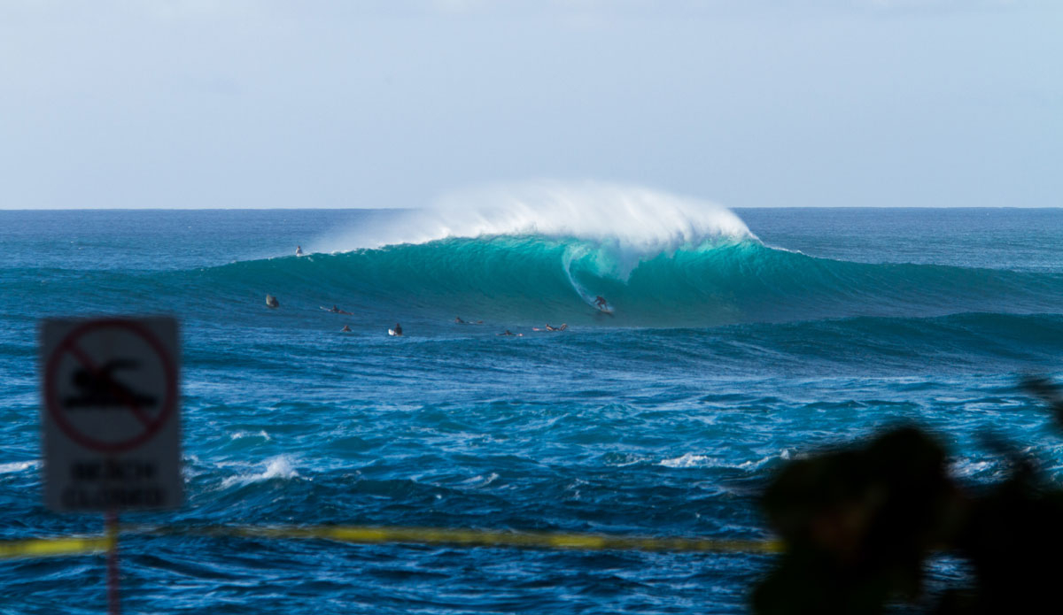 Captured later season on April 8th 2013, this day was one of the best days I have ever seen at Sunset Beach. The crowd was minimal and everyone was scoring perfect waves. I captured one of my first double page spreads on this session. Everyone was getting barrels on the inside. The swell direction was perfect and the sand must have been just right. I have yet to see a small crowd, perfect tubes and weather since. Photo: <a href=\"https://instagram.com/dougfalterphotography/\"> Doug Falter</a>