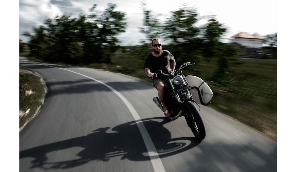This is Dustin Humphrey in Bali. I was doing an editorial for Surfline and thought this would be a cool shot, but sitting on the back of a bike with a camera was way harder than anticipated and I felt lucky not to fall off getting this shot. Photo: <a href=\"https://edsloanephoto.com/\">Ed Sloane</a>