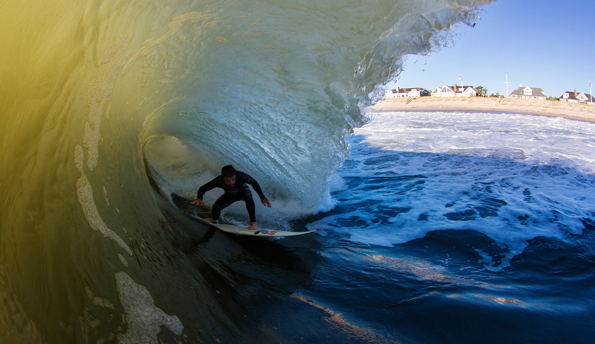 Sam Seeland navigating some backwash. This spot is usually packed, but with 90 of waves closing out on this morning, there were few who made it out for dawn patrol. Photo: <a href=\"https://www.davenilsenphotography.com\">DavidNilsenPhotography.com</a>