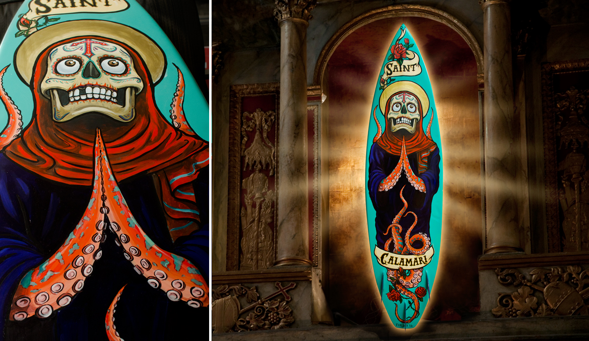 \"Saint Calamari\" 2012, surfboard art.