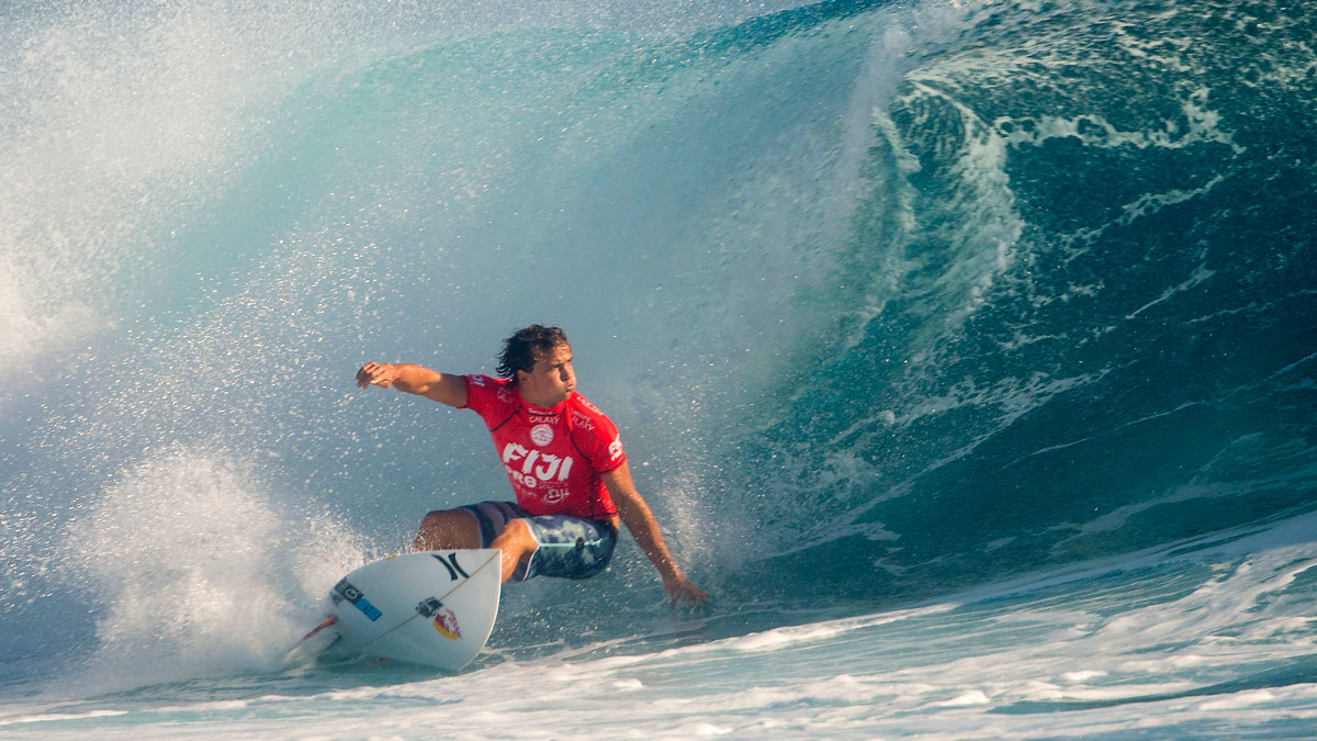 Julian Wilson (AUS) impressively winning Round 1 over Jadson Andre (BRA), Fiji Pro 2014, Association of Surfing Professionals World Championship Tour. Photo: <a href=\"https://www.aspworldtour.com/\">ASP/Robertson 