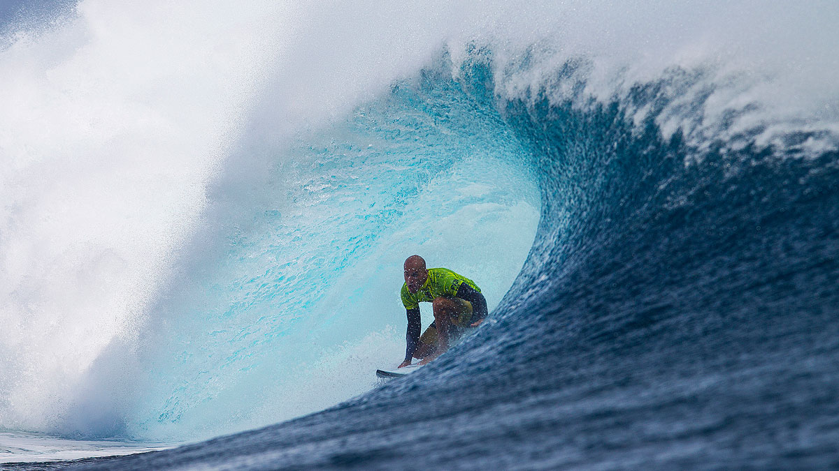 Kelly Slater threading his way through a classic Cloudbreak barrel. Photo: <a href=\"https://www.aspworldtour.com/\">ASP/<a href=\"https://www.kirstinscholtz.com/\">Kirstin Scholtz</a>