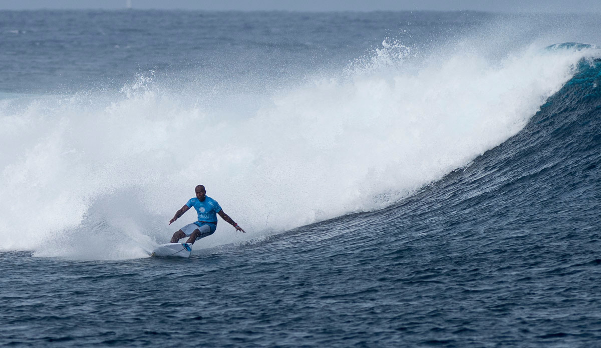 Aca Ravulo from Fiji surfing his Round 2 heat at the Fiji Pro against Filipe Toledo of Brazil. Ravulo was defeated by the current World number 2 ranked surfer Toledo. Photo: <a href=\"https://www.worldsurfleague.com/\">WSL/Robertson</a>