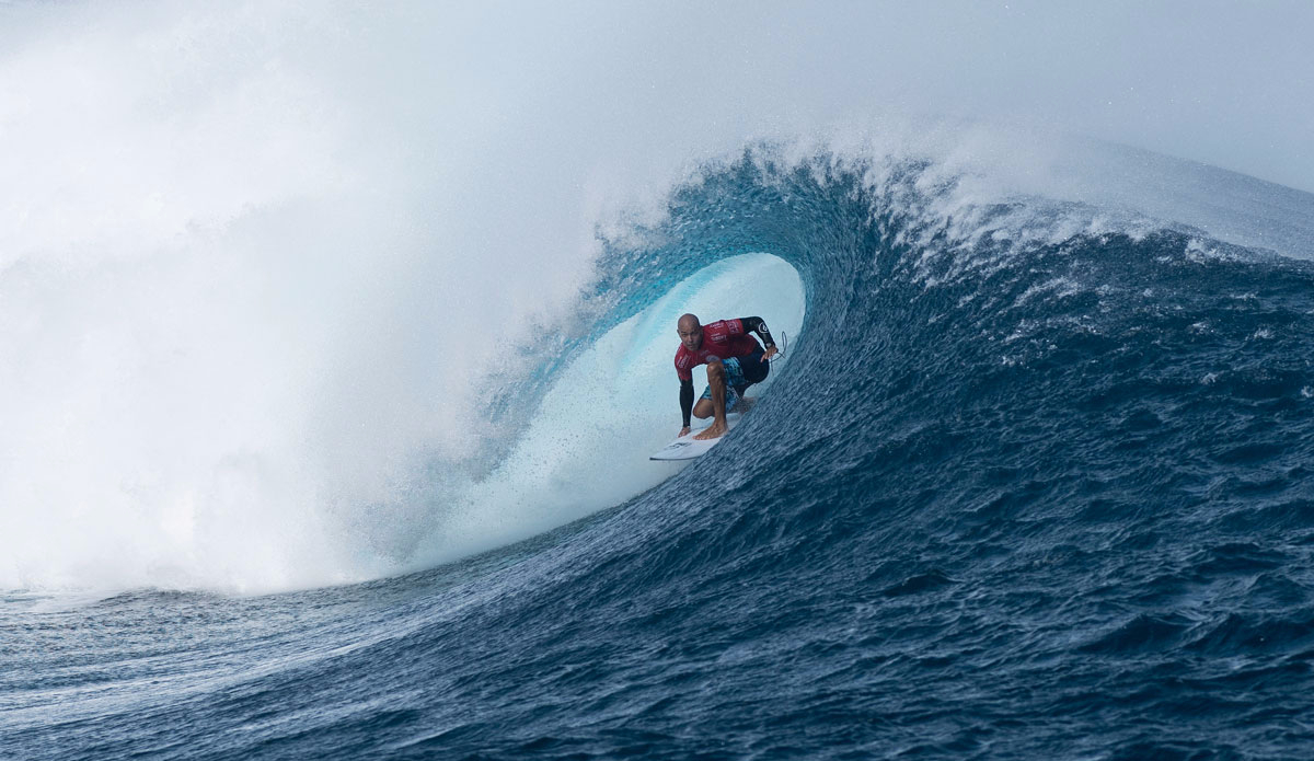 Kelly Slater perfectly placed in the barrel and on his way to a huge Round 2 win in the Fiji Pro where he defeated Australia’s Jay Davies. Photo: <a href=\"https://www.worldsurfleague.com/\">WSL/Robertson</a>