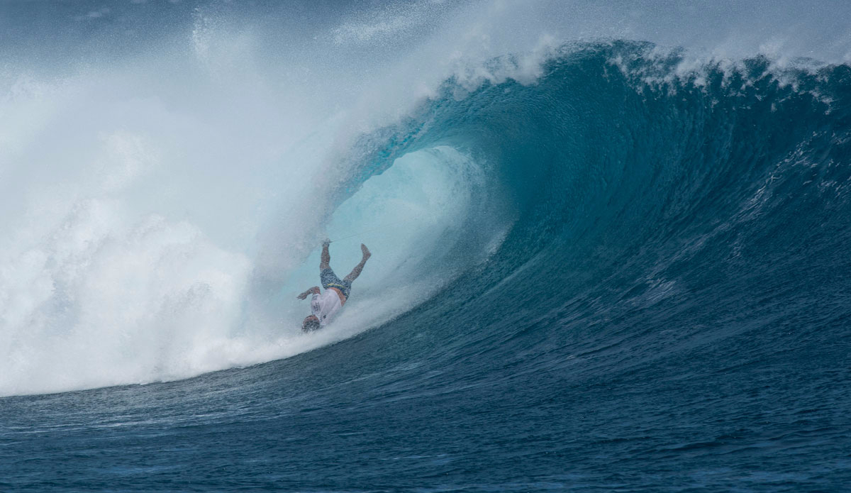 Dane Reynolds (USA/CAL/Ventura) takes a heavy wipe-out during Round 4  of the Fiji Pro. Reynolds was eliminated by Australian Taj Burrow and placed 9th overall. Photo: <a href=\"https://www.worldsurfleague.com/\">WSL/Robertson</a>
