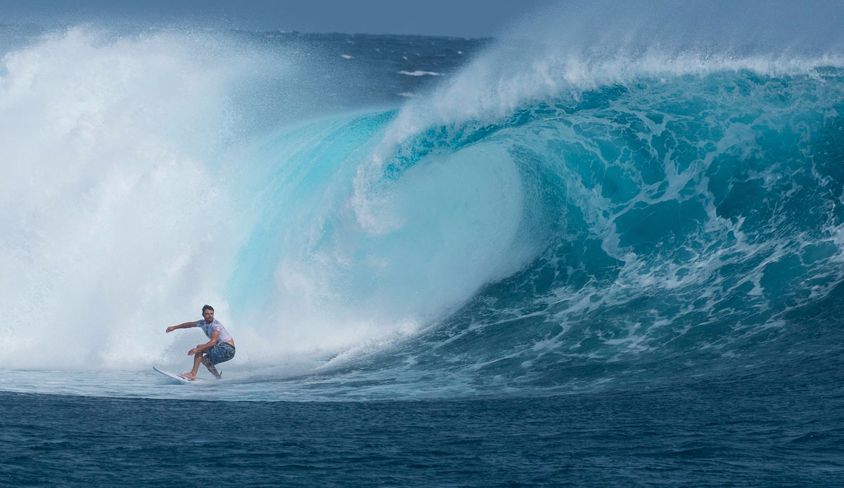 Dane Reynolds (USA/CAL/Ventura) takes a big wave during Round 4  of the Fiji Pro. Reynolds was eliminated by Australian Taj Burrow and placed 9th overall. Photo: <a href=\"https://www.worldsurfleague.com/\">WSL/Robertson</a>