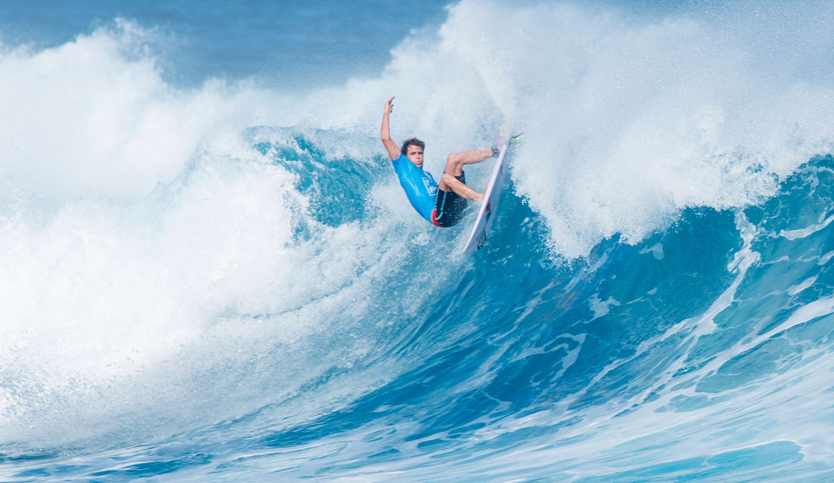 Kai Otton of Australia caused the biggest upset by defeating and eliminating current world champion Gabriel Medina (BRA) in his Round 3 of the Fiji Pro. Photo: <a href=\"https://www.worldsurfleague.com/\">WSL/Robertson</a>