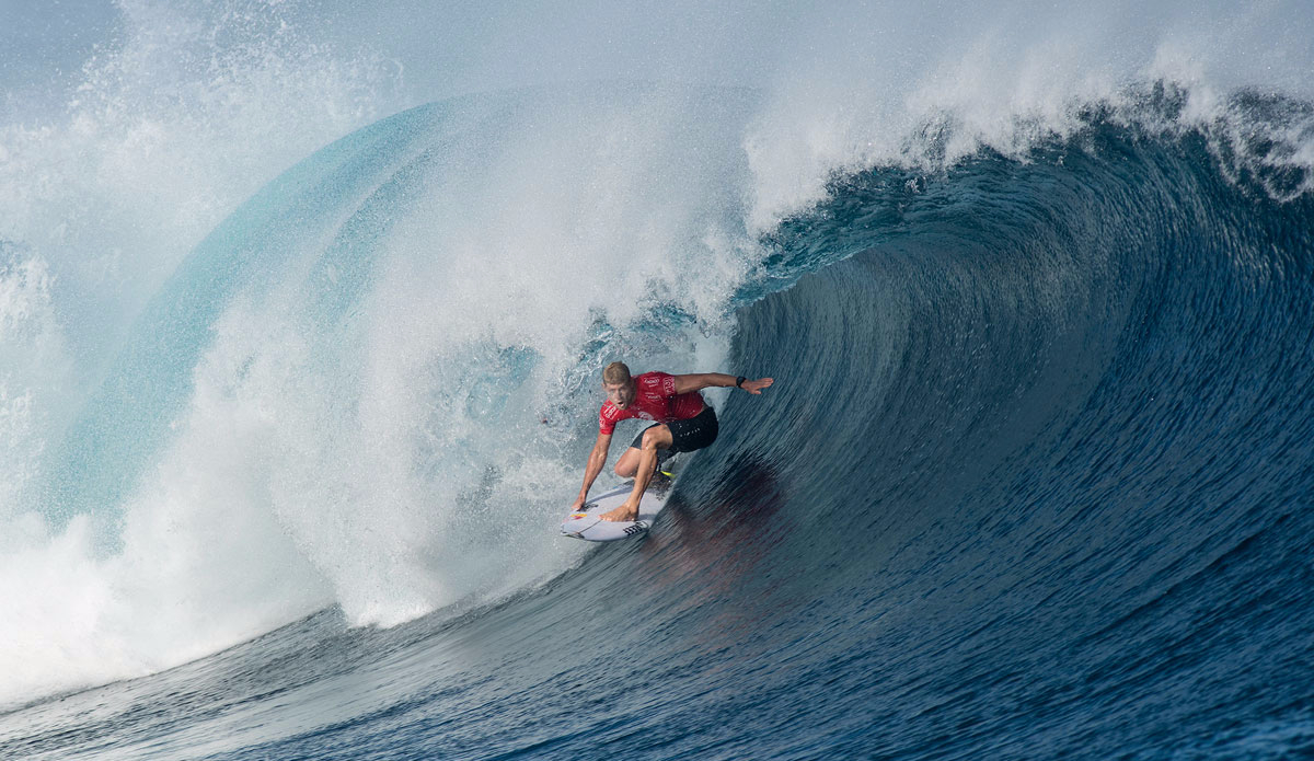 Mick Fanning in the barrel and fully committed in his Round 3 heat against Alejo Muniz in Round 3 of the Fiji Pro. Photo: <a href=\"https://www.worldsurfleague.com/\">WSL/Robertson</a>