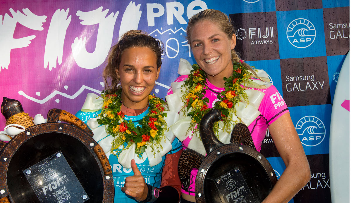 Sally Fitzgibbons and Stephanie Gilmore, winner and runner up. Photo: <a href=\"https://www.aspworldtour.com/\">ASP</a>