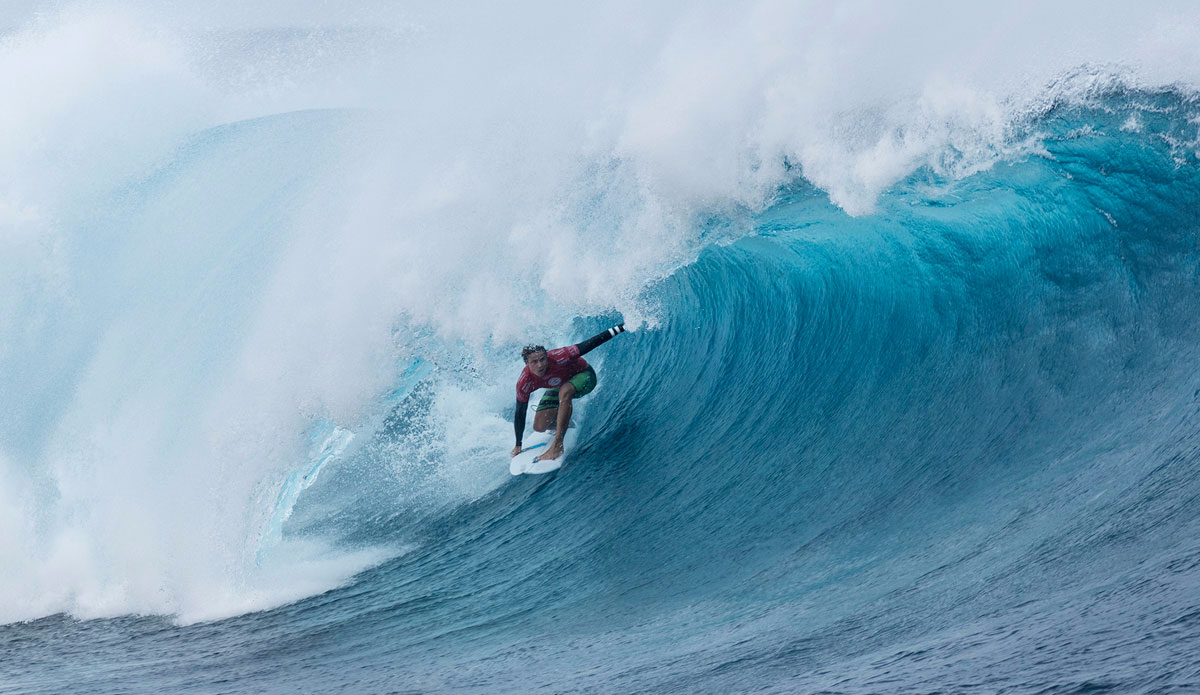 Julian Wilson of Coolum, Sunshine Coast, Australia (pictured) scores a 9.5 final ride (out of a possible ten) to take the win over C J Hobgood of the USA in Round 2 at the Fiji Pro, at Cloudbreak on Sunday June 14, 2015.  Photo: <a href=\"https://www.worldsurfleague.com/\">WSL/Robertson</a>