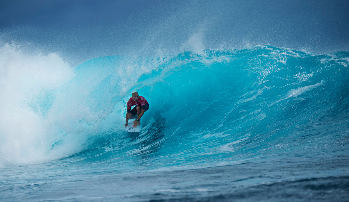 Kelly Slater of Florida, USA (pictured) winning his Round 3 heat at the Fiji Pro On Sunday June 14, 2015. Slater was in  unstoppable form, posting a near perfect 9.90 (out of ten) to advance into the next Round. Photo: <a href=\"https://www.worldsurfleague.com/\">WSL/<a href=\"https://instagram.com/kirstinscholtz/\">Kirstin Scholtz</a>
