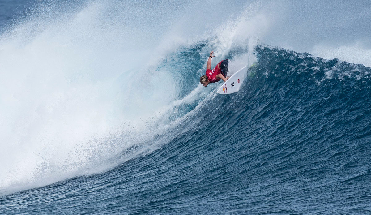 Kolohe Andino of the USA scores a 9.2 with a series of superb powerful on face moves to advance to Round 3 at the Fiji Pro. Photo: <a href=\"https://www.worldsurfleague.com/\">WSL/Robertson</a>