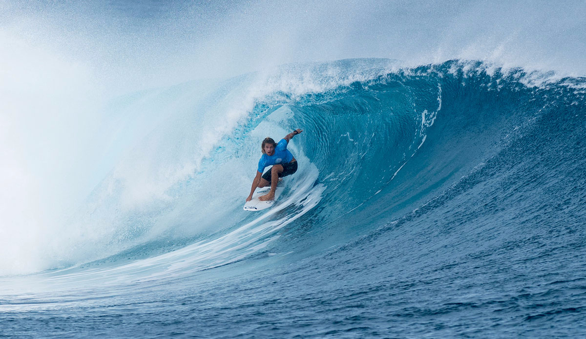 Ricardo Christie of New Zealand scores a 9.57 in outstanding waves at the Fiji Pro but went down in a high scoring heat to Jeremy Flores of France. Photo: <a href=\"https://www.worldsurfleague.com/\">WSL/Robertson</a>
