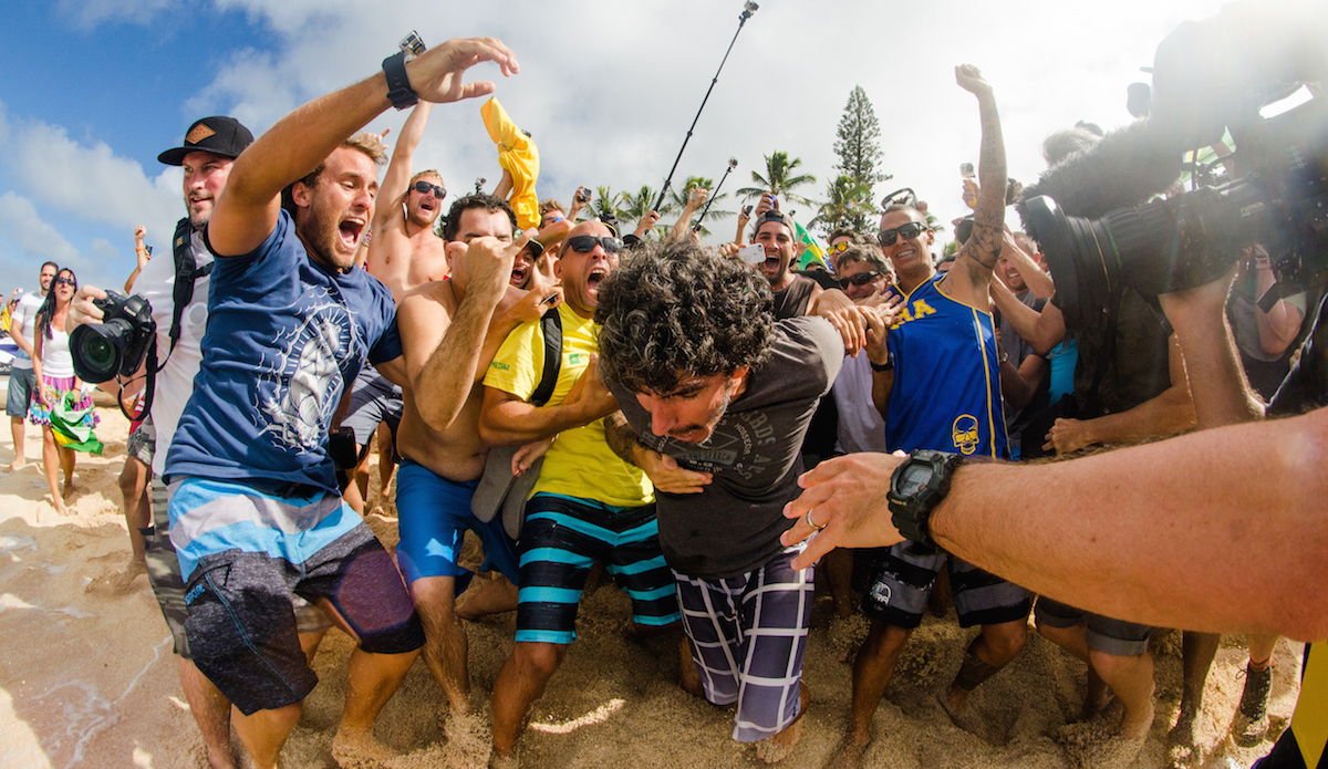 Cheers and tears of joy from father Charlie. Photo: <a href=\"https://www.danlemaitrephoto.com\">Dan LeMaitre</a>
