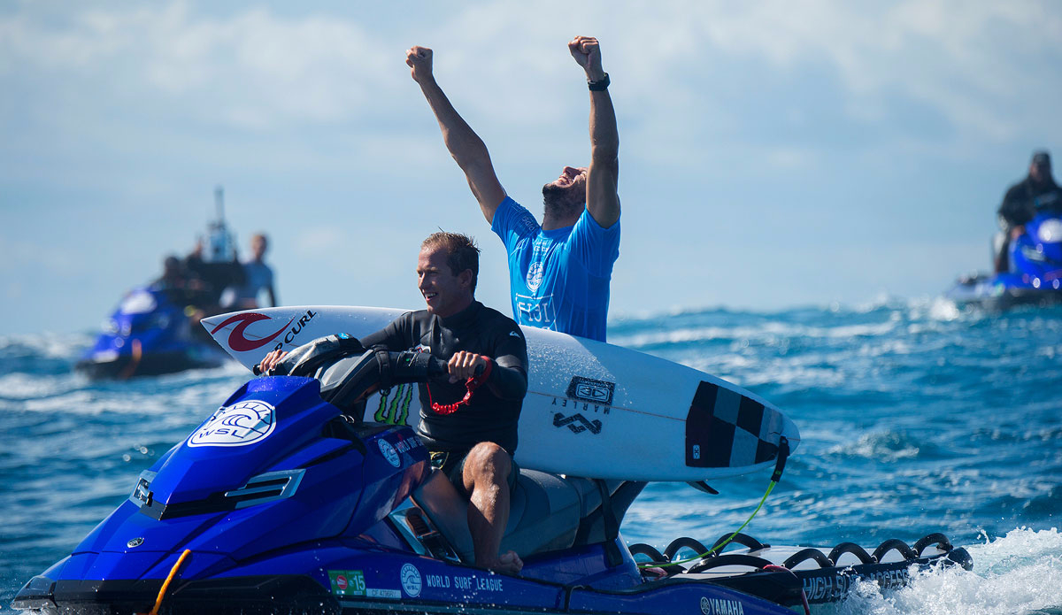  Owen Wright of South Coast, NSW, Australia (pictured) celebrating his win at the Fiji Pro posting a Perfect 20.00 (out of a possible 20.00) heat score in the FInal at Cloudbreak on Tuesday June 16, 2015. Photo: <a href=\"https://www.worldsurfleague.com/\">WSL/<a href=\"https://instagram.com/kirstinscholtz/\">Kirstin Scholtz</a>