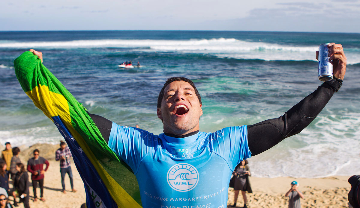 Adriano De Souza of Brazil celebrates his win over John John Florence of Hawaii at the Drug Aware Margaret River Pro. Photo: WSL / Kirstin