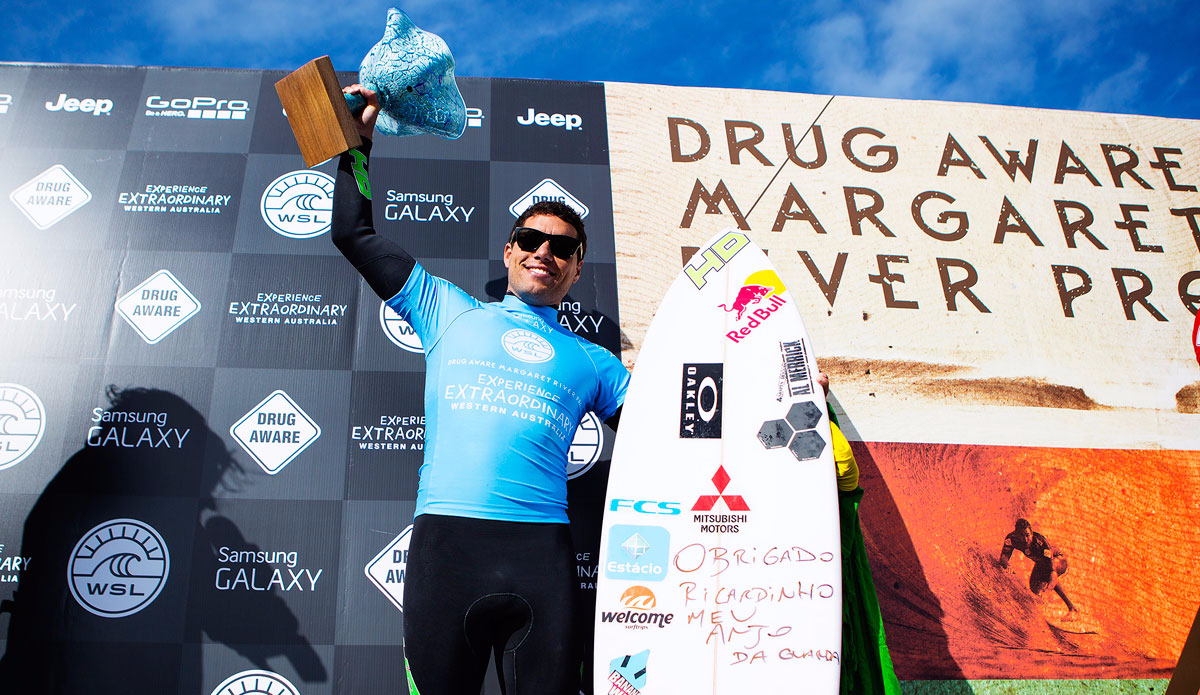 Adriano De Souza of Brasil (pictured) celebrates his win over John John Florence of Hawaii at the Drug Aware Margaret River Pro in Western Australia on Friday April 24, 2015. Photo: WSL / Kirstin
