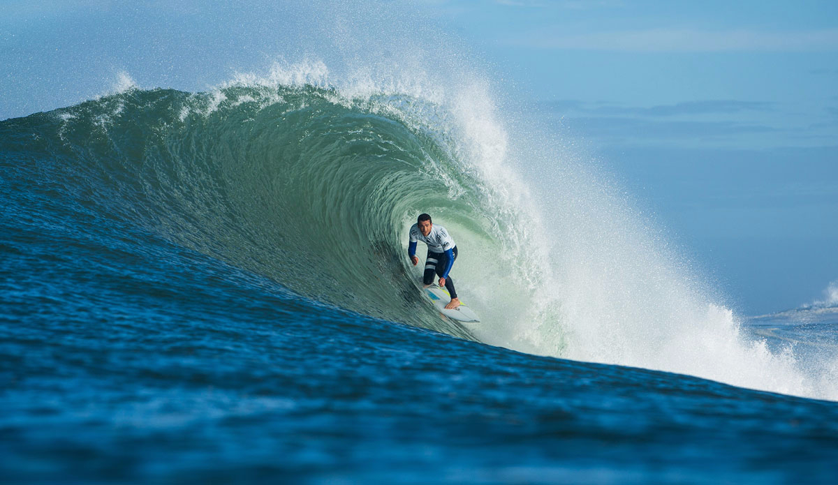 Brett Simpson of the USA (pictured) winning his Round 1 heat at the Quiksilver Pro France. Photo: <a href=\"https://www.worldsurfleague.com/\">WSL</a>/<a href=\"https://instagram.com/damien_poullenot/\">Damien Poullenot</a>