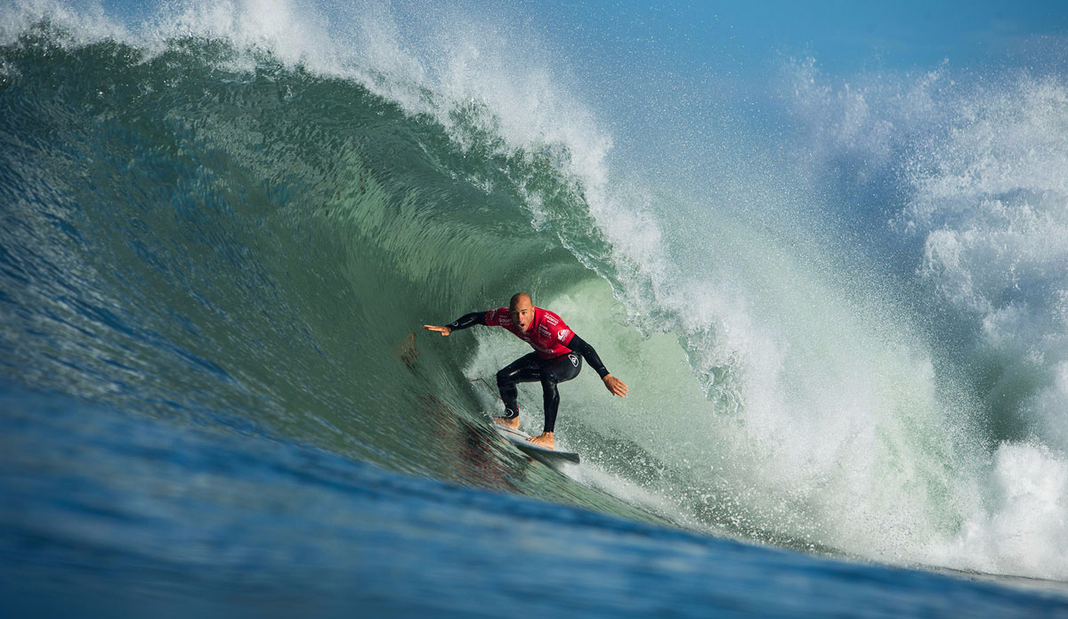 Kelly Slater of the USA (pictured) during Round 1 at the Quiksilver Pro France. Photo: <a href=\"https://www.worldsurfleague.com/\">WSL</a>/<a href=\"https://instagram.com/damien_poullenot/\">Damien Poullenot</a>