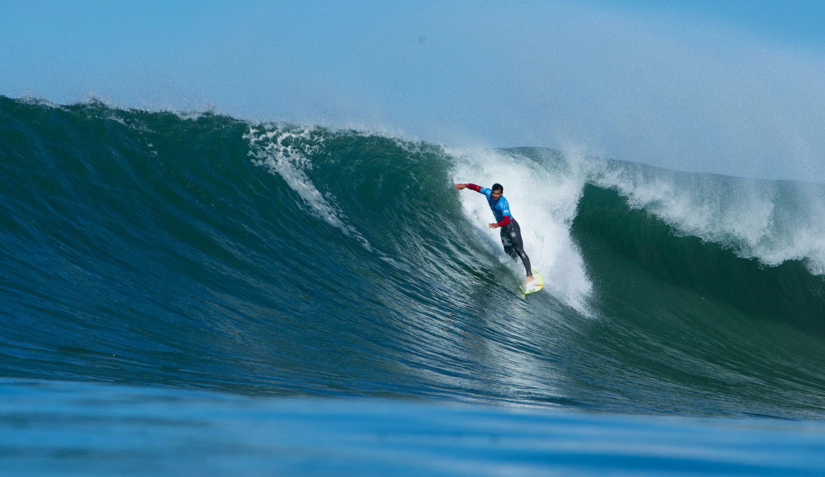 Michel Bourez of Tahiti winning his Round 2 heat at the Quiksilver Pro France. Photo: <a href=\"https://www.worldsurfleague.com/\">WSL</a>/<a href=\"https://instagram.com/damien_poullenot/\">Damien Poullenot</a>