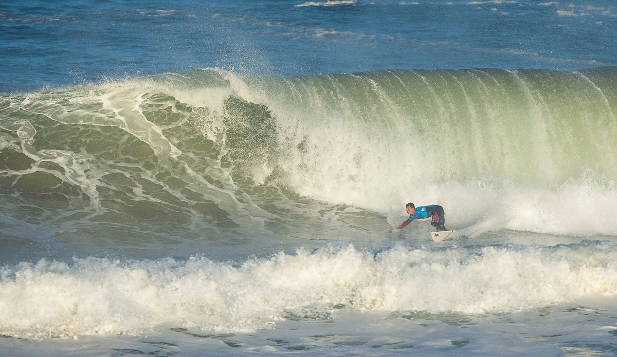 Maxime Huscenot of France winning his Round 2 heat at the Quiksilver Pro France. Photo: <a href=\"https://www.worldsurfleague.com/\">WSL</a>/<a href=\"https://instagram.com/damien_poullenot/\">Damien Poullenot</a>