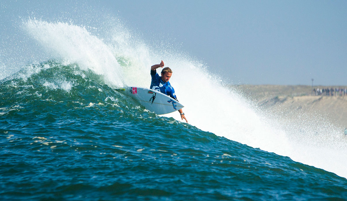 Josh Kerr of San Diego, California, USA (pictured) caused a massive upset defeating ASP World No. 1 Gabriel Medina (BRA) during the Quarterfinals of the Quiksilver Pro France on Saturday October 4, 2014. Kerr advanced into the Semifinals and will meet John John Florence when competition resumes. Photo: <a href=\"https://www.aspworldtour.com/\">ASP</a>/Poullenot 