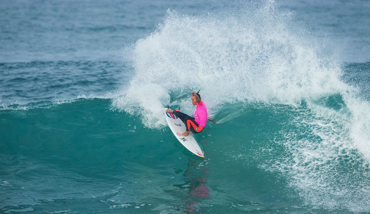 Carissa Moore of Oahu, Hawaii (pictured) advanced into the Quarterfinals of the Roxy Pro France, winning her Round 3 heat in Hossegor on Thursday September 25, 2015. Moore defeated Lakey Peterson (USA) and Nikki Van Dijk (AUS). Photo: <a href=\"https://www.aspworldtour.com/\">ASP</a>/ Poullenot