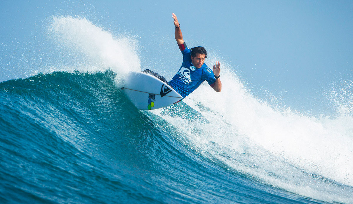 Jeremy Flores of Capbreton, France (pictured) was in sensational form during Round 1 of the Quiksilver Pro France, winning his heat to advance directly into Round 3 on Friday September 26, 2014. Flores posted a pair of excellent 8.40 and 8.33 (out of ten) point rides. Photo: <a href=\"https://www.aspworldtour.com/\">ASP</a>/ Poullenot
