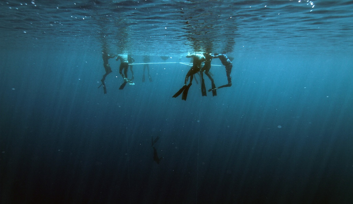 The rig for the course is a series of floats and pipe with line descending down to depth. Teams gather around each float with instructors and safety divers near. Photo: <a href=\"https://instagram.com/el_squid\">Anthony Dooley</a>