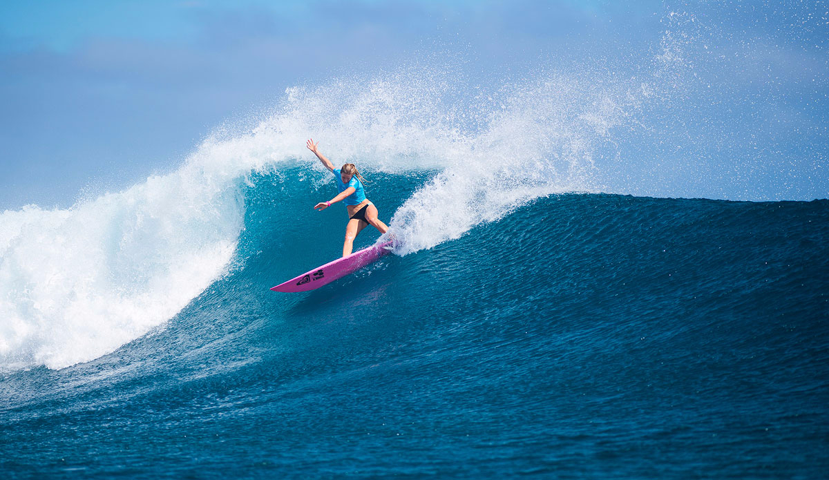 Bianca Buitendag of Victoria Bay, South Africa (pictured) posting one of the highest wave scores of the day, a near perfect 9.43 (out of ten) winning her Round 1 heat at the Womens Fiji Pro in Fiji on Monday June 1, 2015. Photo: <a href=\"https://www.worldsurfleague.com/\">World Surf League</a>