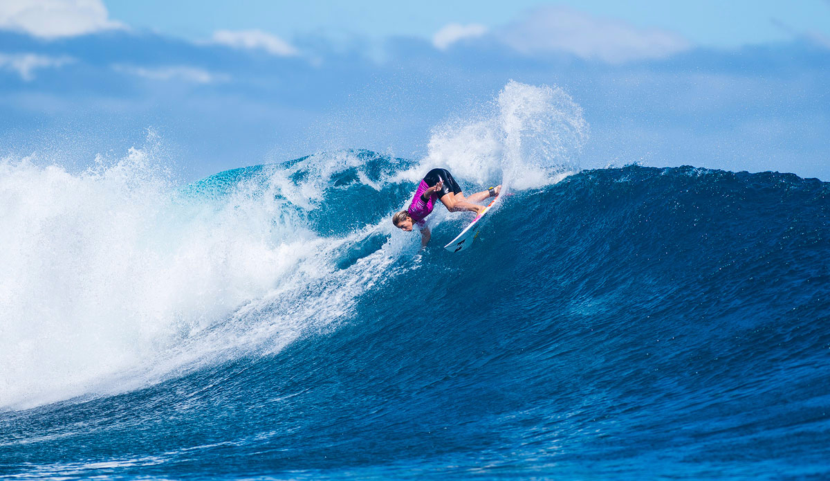  Courtney Conlogue of Santa Ana, California, USA (pictured) winning her her Round 1 heat at the Womens Fiji Pro in Fiji on Monday June 1, 2015. Photo: <a href=\"https://www.worldsurfleague.com/\">World Surf League</a>