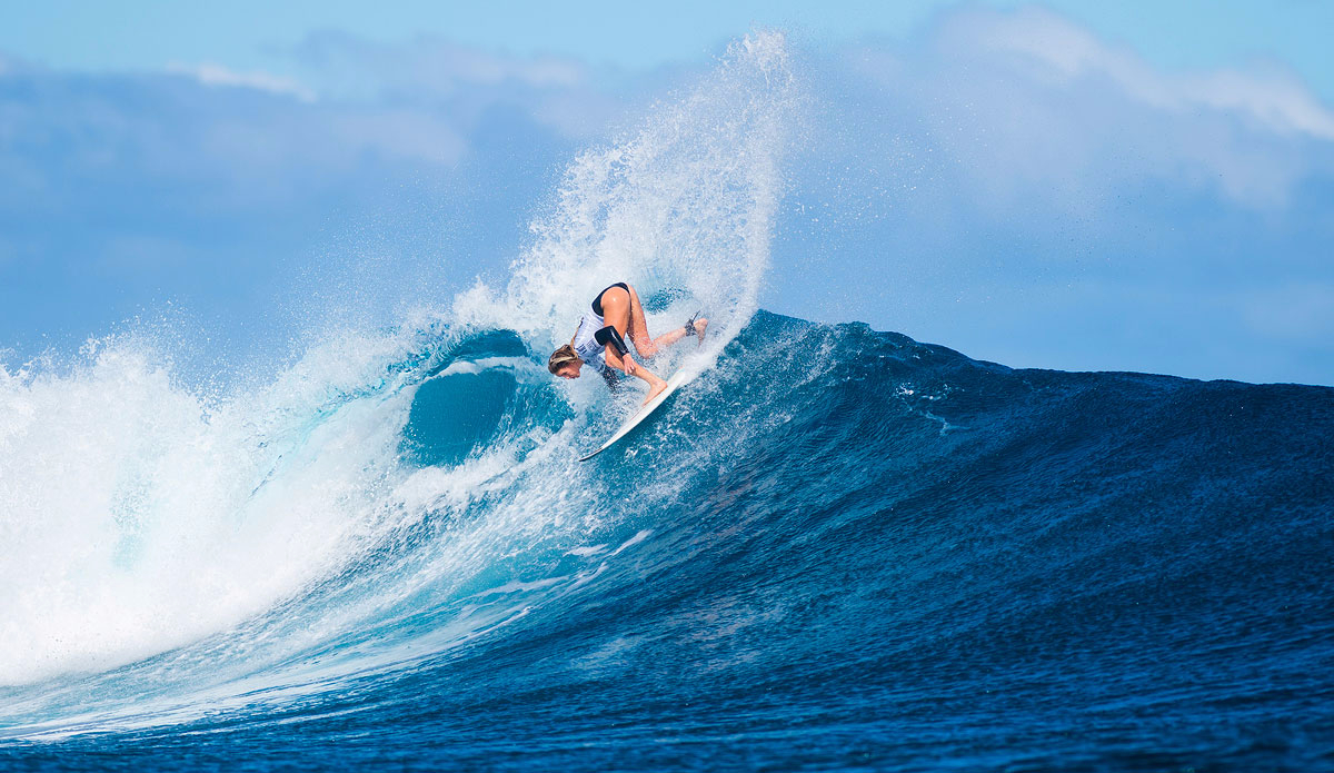 Laura Enever of North Narrabeen, Sydney (pictured) posting one of the highest wave scores of the day, a near perfect 9.43 (out of ten) winning her Round 1 heat at the Womens Fiji Pro in Fiji on Monday June 1, 2015. Photo: <a href=\"https://www.worldsurfleague.com/\">World Surf League</a>