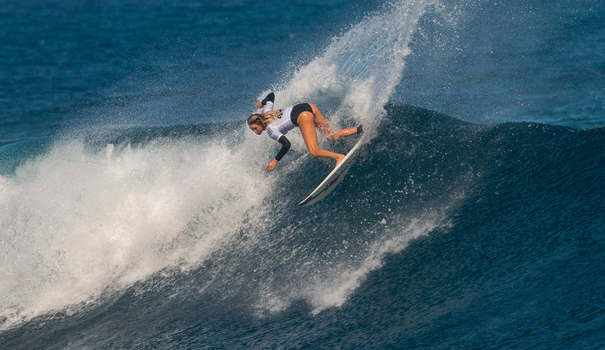 Laura Enever was the day\'s highest scoring heat winner. Photo: <a href=\"https://www.worldsurfleague.com/\">World Surf League</a>