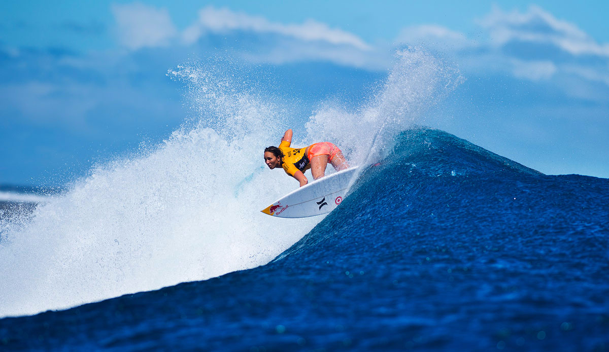 Carissa Moore of Hawaii (pictured) winning her Round 1 heat at the WOmens Fiji Pro in Fiji on Monday June 1, 2015. Photo: <a href=\"https://www.worldsurfleague.com/\">World Surf League</a>