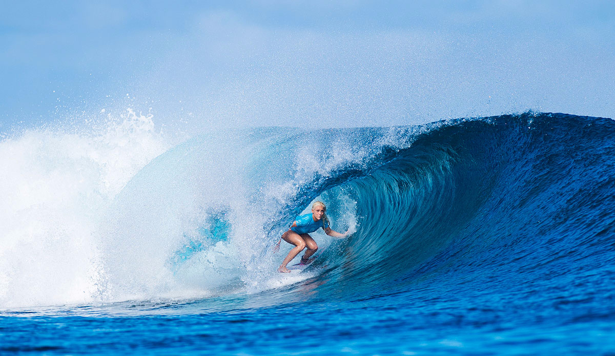 Tatiana Weston-Webb of Hawaii (pictured) during Round  1 at the Womens Fiji Pro in Fiji on Monday June 1, 2015. Photo: <a href=\"https://www.worldsurfleague.com/\">World Surf League</a>