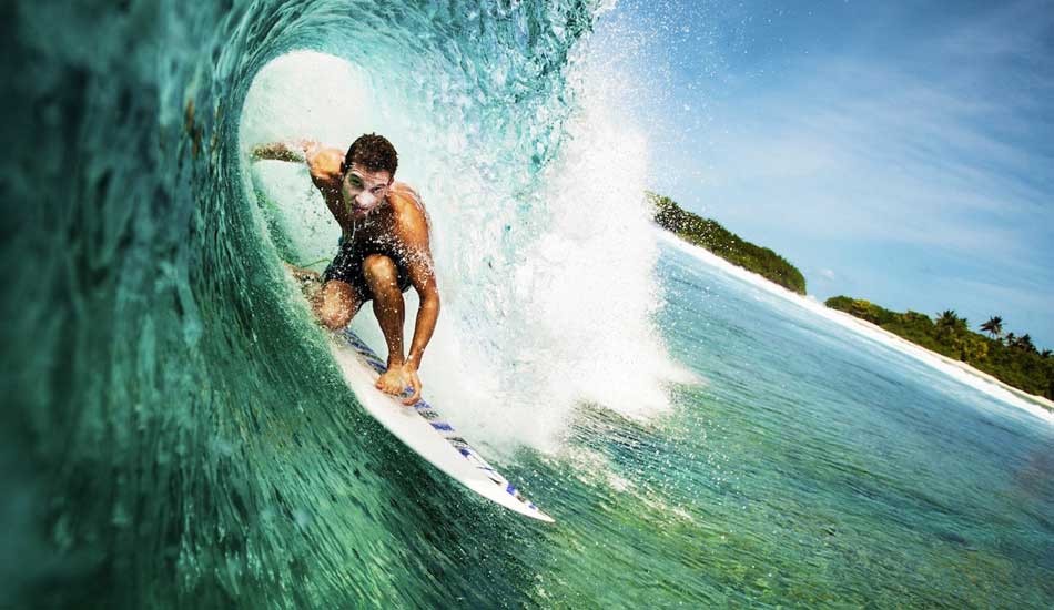 Tristan Guilbaud on a perfect little reefbreak during a trip to the Maldive Islands.