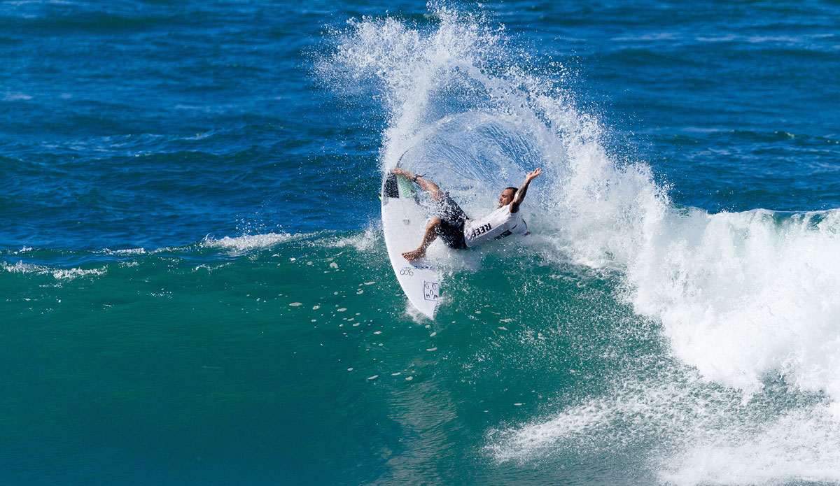 Raoni Monteiro placing equal fifth, reaching the Semifinals of the Reef Hawaiian Pro on Saturday November 15, 2014. Monteiro earns 3500 ratings points and $7500. Photo: <a href=\"https://www.aspworldtour.com/\">ASP</a>/Cestari