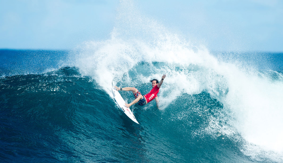  Jordy Smith performing a massive drop-wallet turn to win his Round 3 heat. Smith\'s exceptional performance earned him a near perfect score, a 9.50. Photo: <a href=\"https://www.aspworldtour.com/\">ASP</a>/Sloane