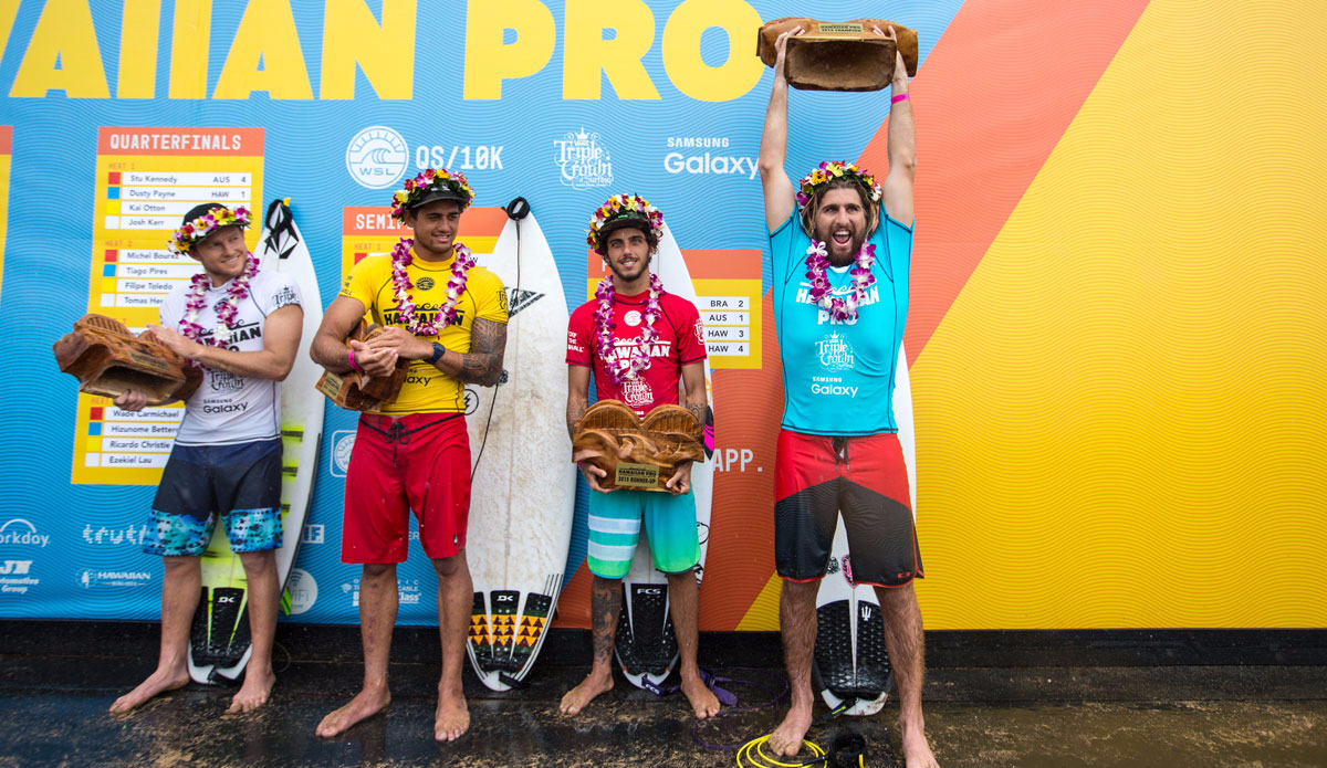 Dusty Payne of Hawaii, Ezekial Lau of Hawaii, Filipe Toledo of Brasil and winner Wade Carmichael of Australia (pictured) during prizegiving at the Hawaiian Pro at Ali\'i Beach Park, Haleiwa. Photo: <a href=\"https://instagram.com/tony_heff/\"> Tony Heff/<a href=\"https://www.worldsurfleague.com/\">WSL</a>