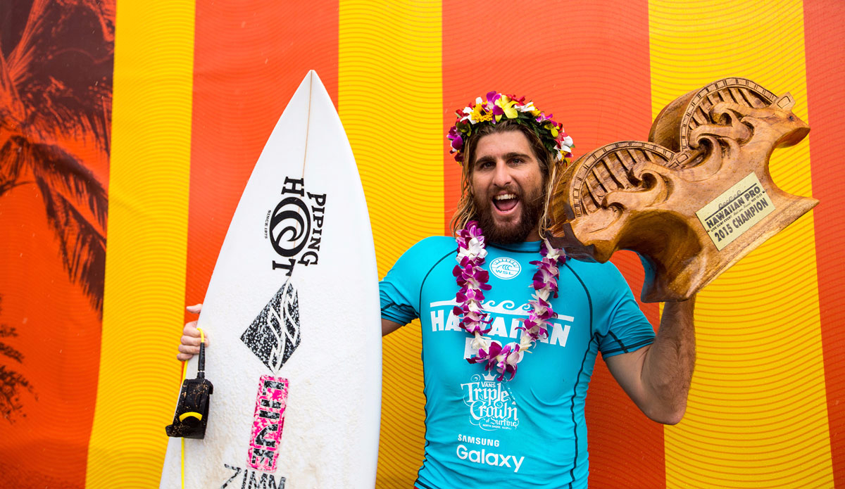 Wade Carmichael of Australia (pictured) celebrates his win at the Hawaiian Pro at Ali\'i Beach Park, Haleiwa. Photo: <a href=\"https://instagram.com/tony_heff/\"> Tony Heff/<a href=\"https://www.worldsurfleague.com/\">WSL</a>