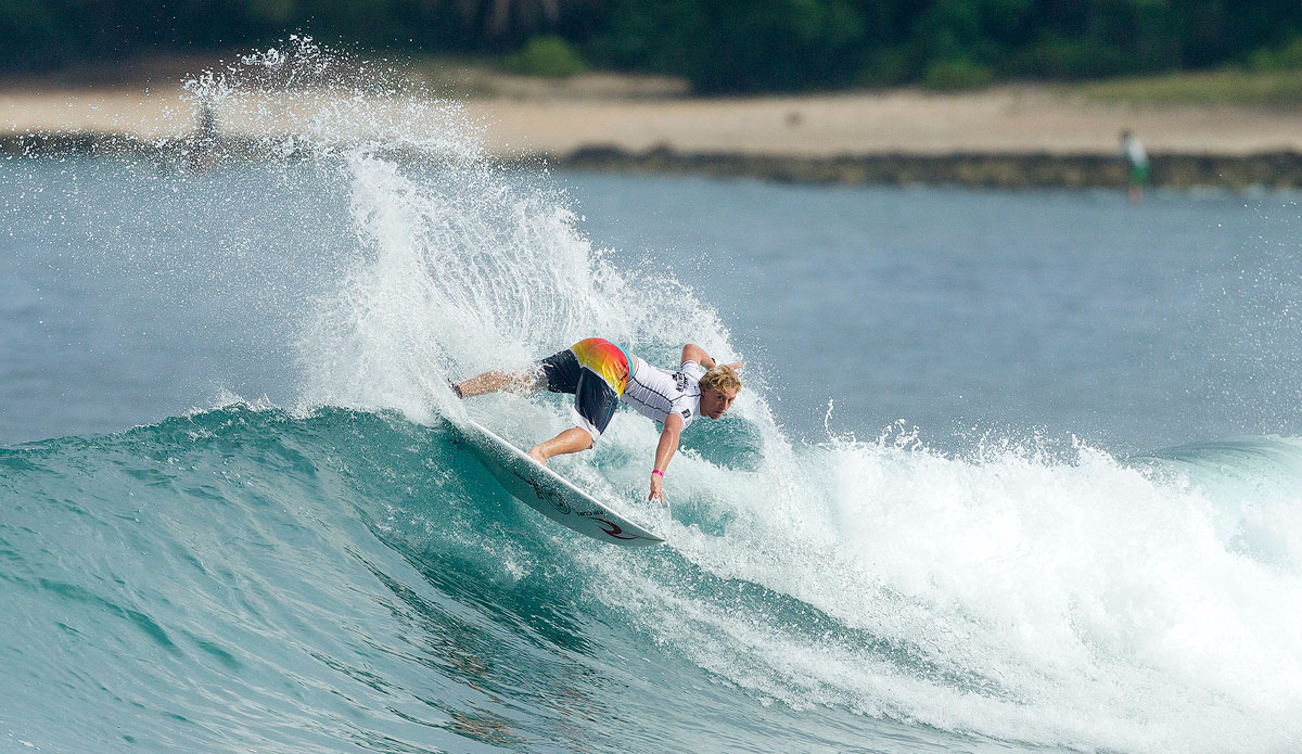 Timothee Bisso of Guadeloupe (pictured) winning his Round 1l heat at the Hawaiian Pro. Photo: Masurel/<a href=\"https://www.worldsurfleague.com/\">WSL</a>