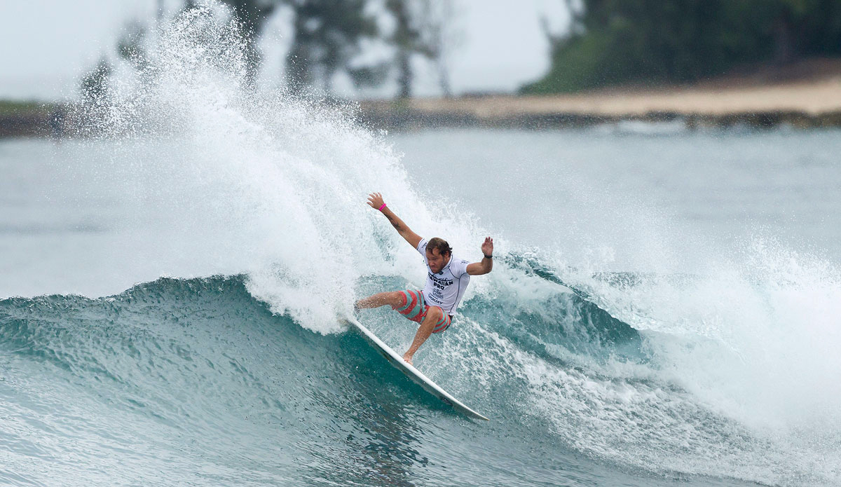 Granger Larson of Hawaii (pictured) winning his Round 1 heat at the Hawaiian Pro, Ali\'i Beach Park, Haleiwa, Hawaii. Photo: Masurel/<a href=\"https://www.worldsurfleague.com/\">WSL</a>