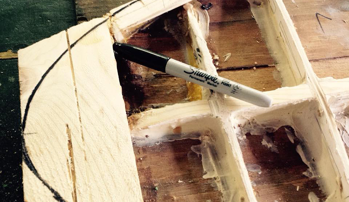 Detail showing the outline of the tail shape. I used strips and blocks of white pine and spruce for the tail and nose, also the rails.