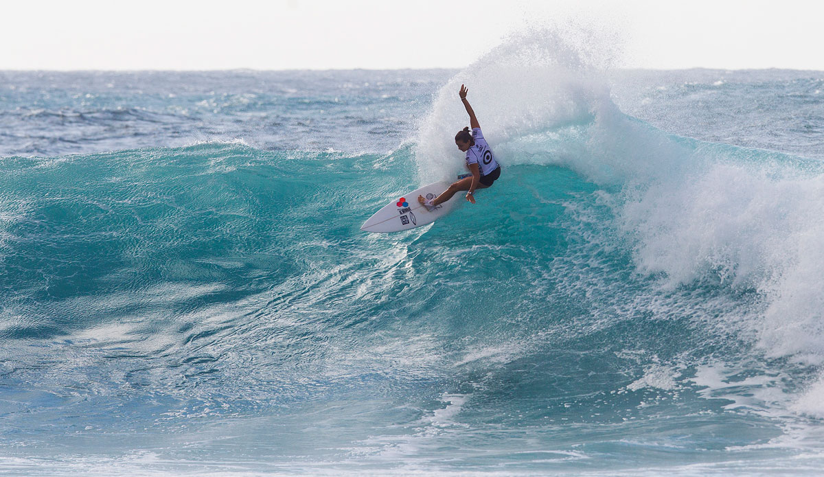 Johanne Defay of Reunion Island (pictured) advanced into the Quarterfinals of the Target Maui Pro after winning her Round 4 heat at Honolua Bay, Maui, Hawaii on Wednesday November 26, 2014. Photo: <a href=\"https://www.aspworldtour.com/\">ASP/<a href=\"https://www.kirstinscholtz.com/\"> Scholtz</a> 