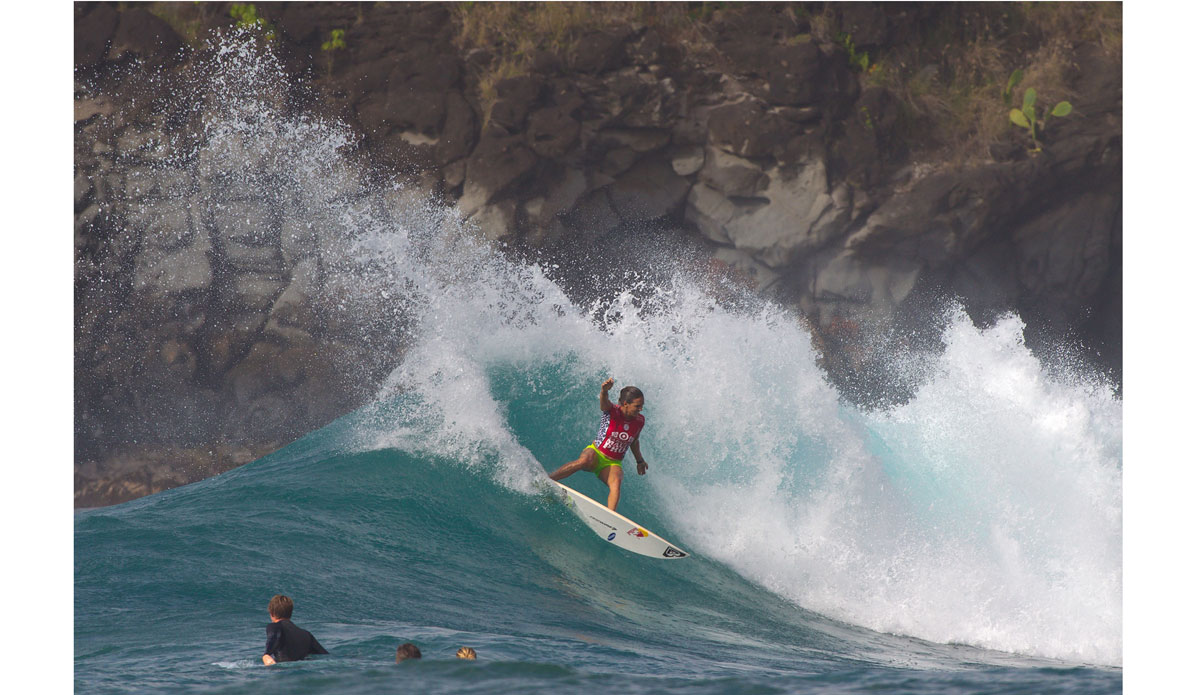 Sally Fitzgibbons of Gerroa, NSW, Australia (pictured) advanced into the Quarterfinals of the Target Maui Pro, winning her Round 4 heat at Honolua Bay, Maui, Hawaii on Wednesday November 26, 2014. Photo: <a href=\"https://www.aspworldtour.com/\">ASP/Masurel