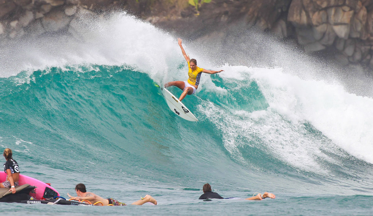 Stephanie Gilmore of Tweed Heads, NSW, Australia (pictured) advanced into the Quarterfinals of the Target Maui Pro, winning her Round 3 heat at Honolua Bay in Hawaii on Wednesday November 26, 2014. Photo: <a href=\"https://www.aspworldtour.com/\">ASP/Masurel
