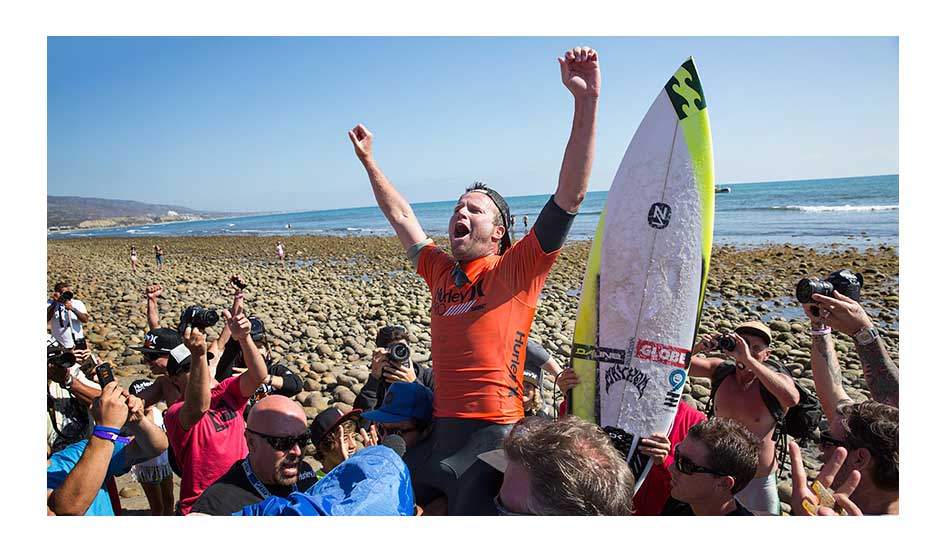 Sweet sweet victory for Taj Burrow. Photo: <a href=\"https://thehurleypro.com/\">Hurley</a>