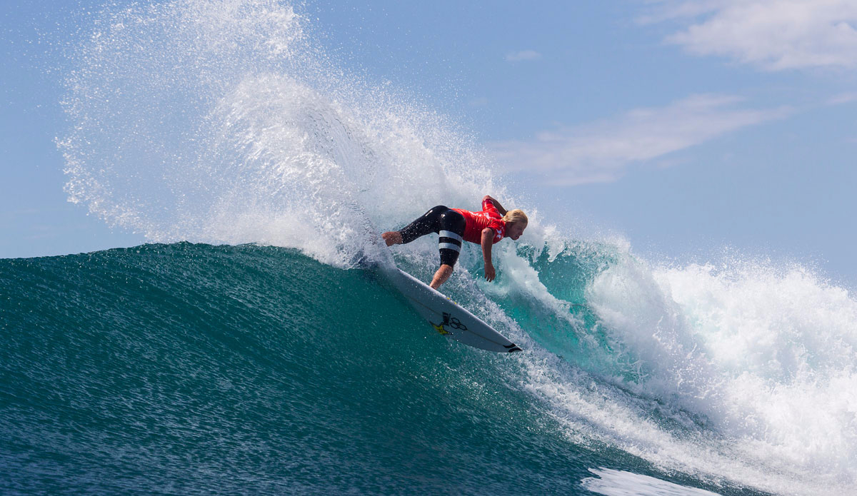 Nat Young (USA) placed first in his round 2 heat and advanced into round 3.  Photo: <a href=\"https://www.worldsurfleague.com/\">WSL/<a href=\"https://instagram.com/nomadshotelsc/\"</a>/Rowland</a>